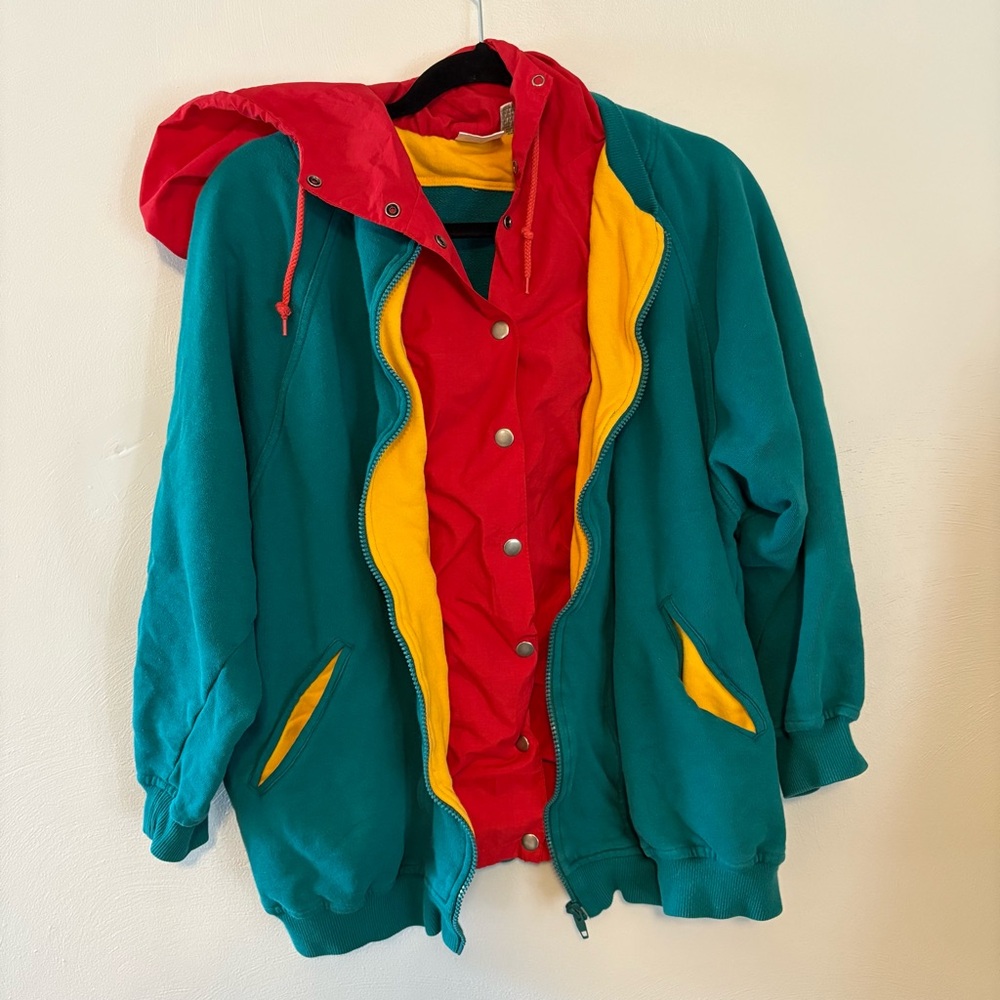 Colorful Hooded Izod Jacket with Red and Yellow Accents